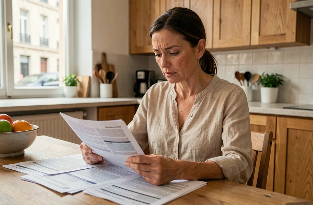 Femme lisant un contrat d'assurance habitation à sa table de cuisine, documents éparpillés, expression concentrée
