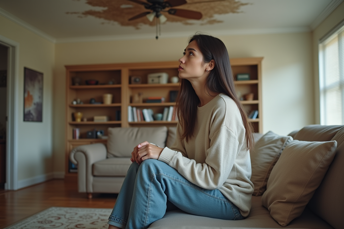 Jeune femme regardant un plafond endommage par l