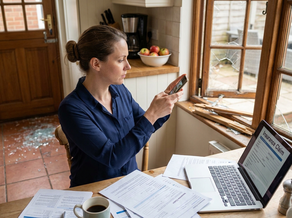 Femme documentant les dégâts d'une fenêtre forcée pour déclarer un cambriolage à son assurance habitation