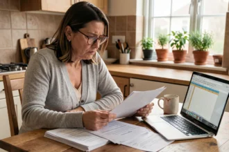 Femme inquiète examinant ses documents d'assurance habitation à la table de cuisine avec son ordinateur portable