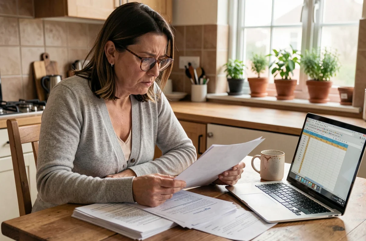 Femme inquiète examinant ses documents d'assurance habitation à la table de cuisine avec son ordinateur portable