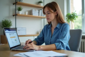 Femme concentrée utilisant un ordinateur pour dossier logement