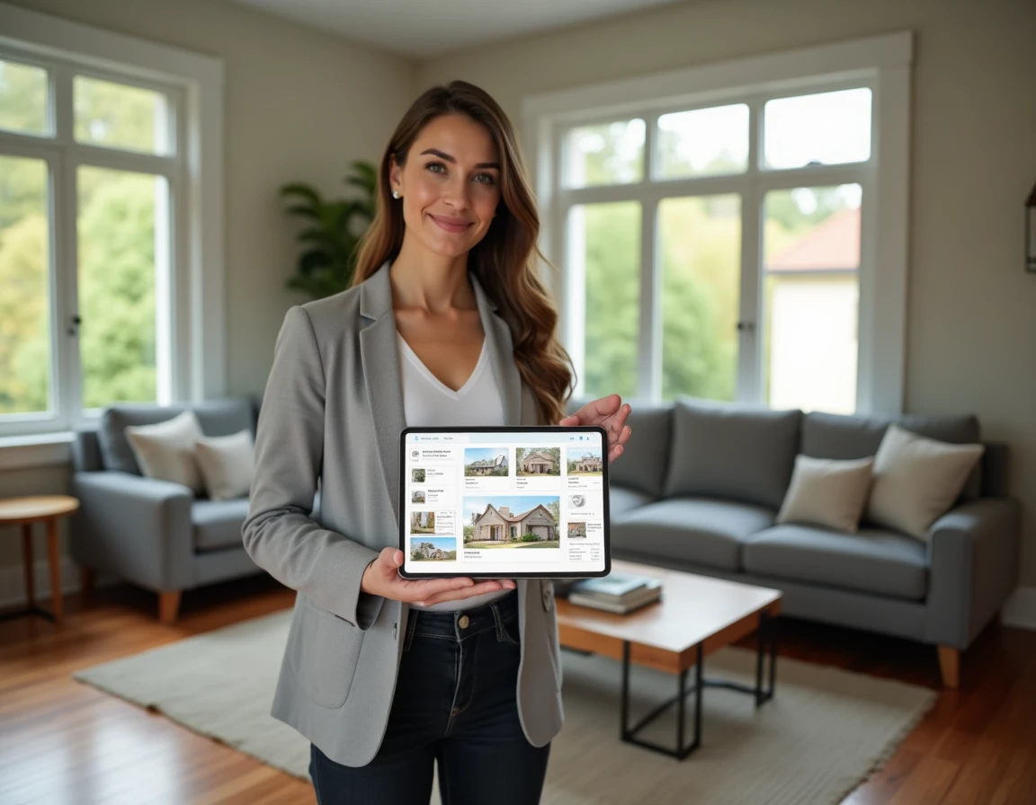 Femme consultant un logiciel d'estimation immobilière sur tablette dans le salon d'une maison à vendre