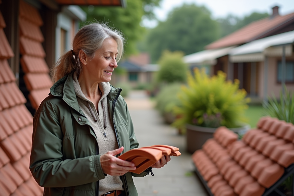 Femme examinant des tuiles en extérieur avec sourire