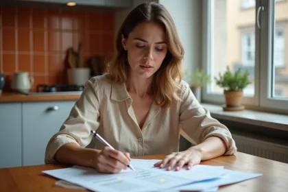 Femme vérifiant sa facture EDF et ses documents de contrat électricité dans une cuisine moderne après un déménagement
