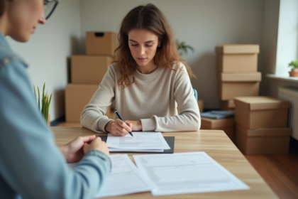 Femme remplissant des formulaires dans un appartement en déménagement