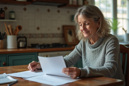 Femme française examine des documents dans la cuisine
