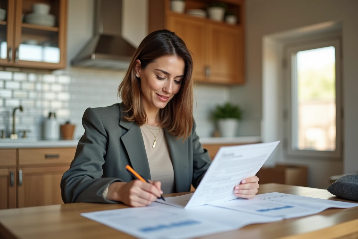 Femme en blazer examine des documents immobiliers dans une cuisine lumineuse
