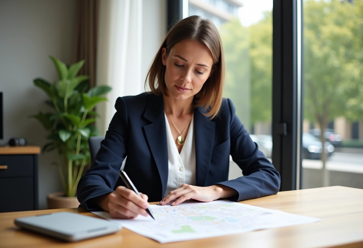 Femme professionnelle examinant des documents immobiliers à Lyon