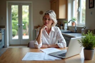 Femme d'âge moyen dans une cuisine lumineuse examine des documents