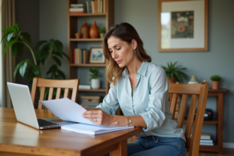 Femme d'âge moyen examine des documents immobiliers à la maison