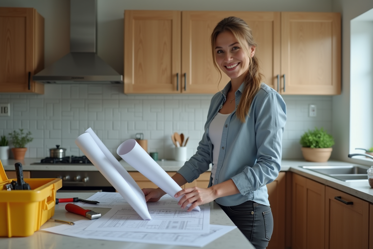 Jeune femme consulte des plans de rénovation dans une cuisine chaleureuse