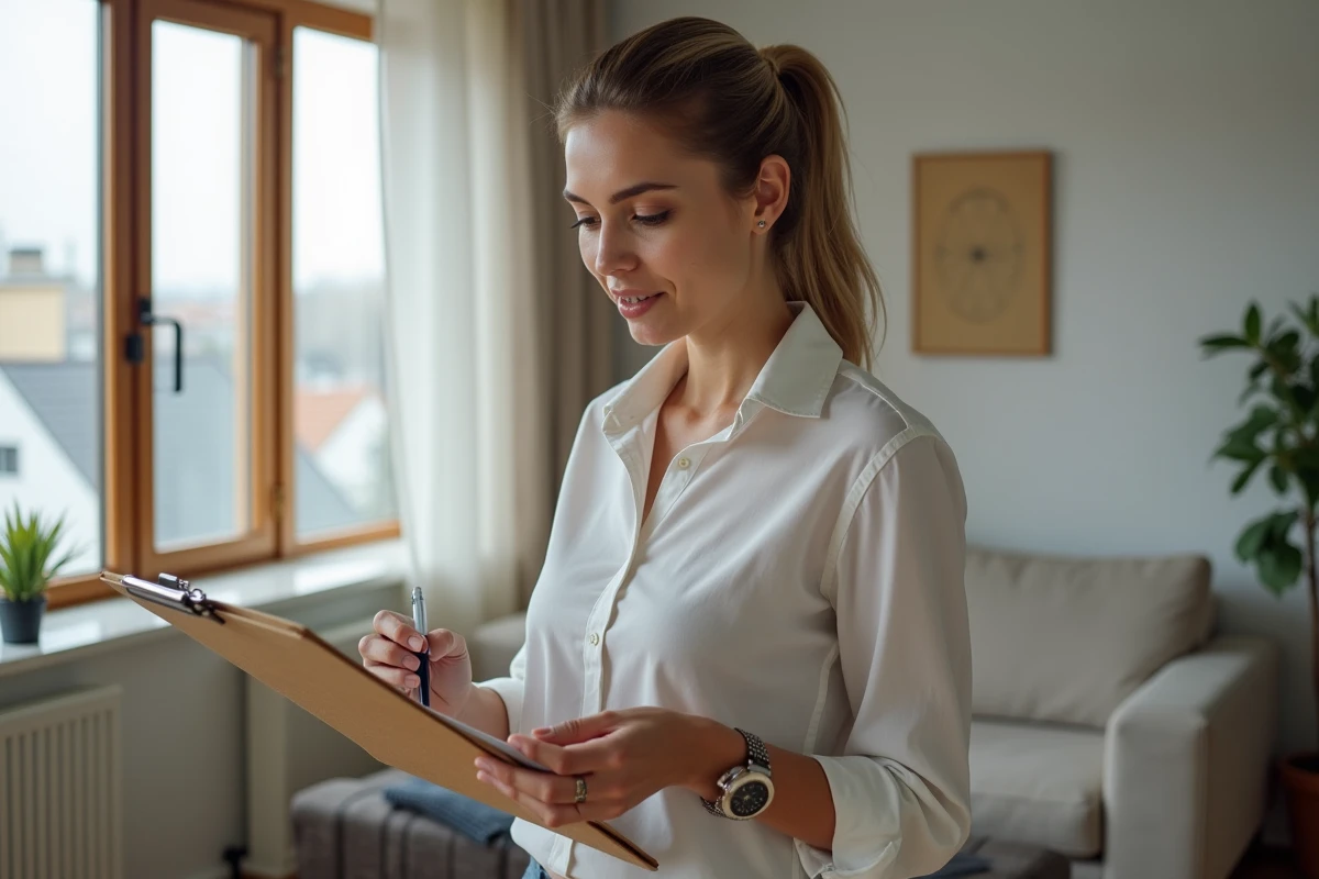 Femme confiante en intérieur avec un carnet et stylo