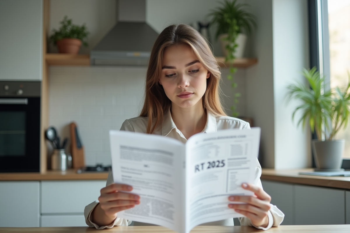 Jeune femme lit documents RT 2025 dans cuisine moderne
