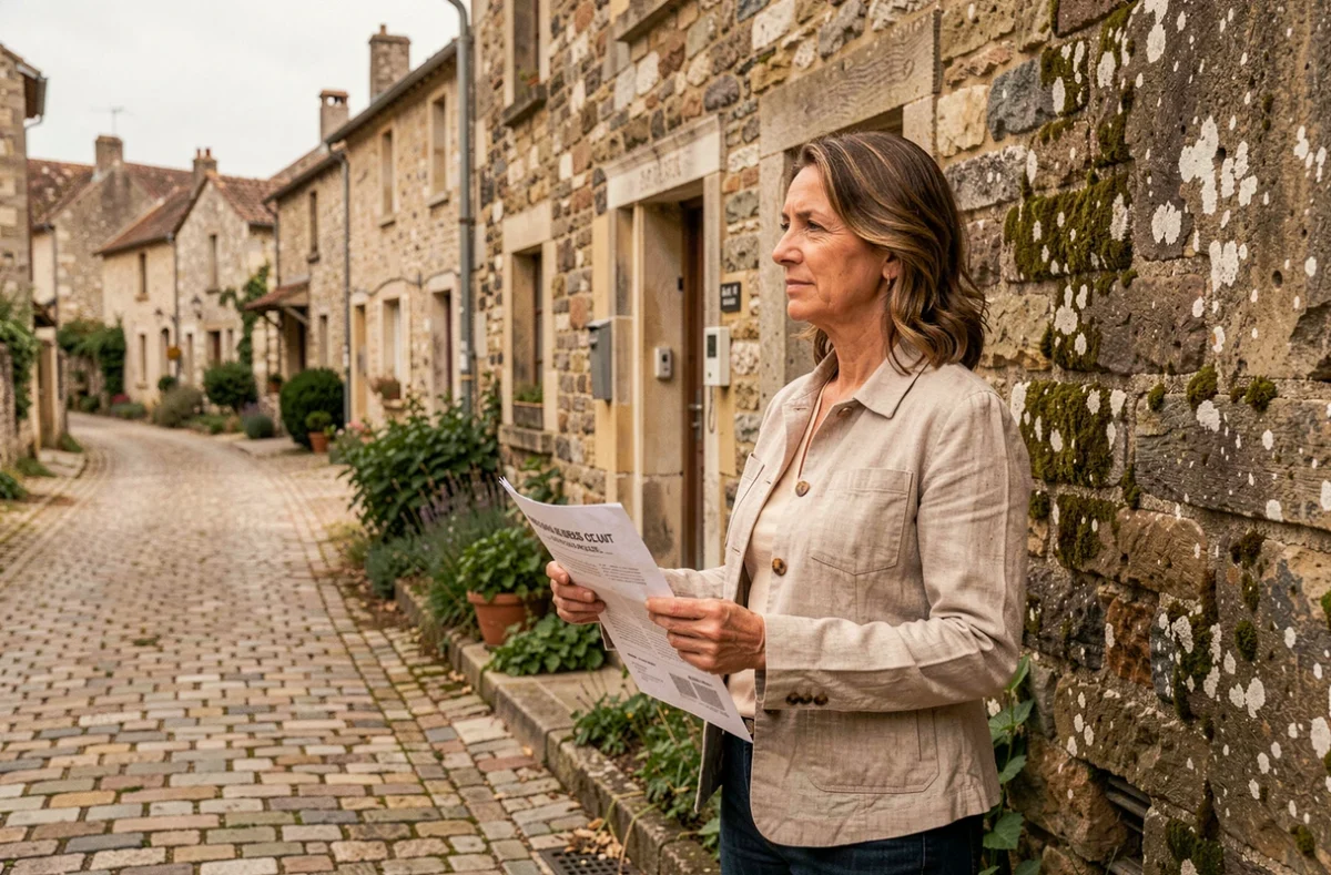 Femme observant une maison abandonnée à donner dans un hameau rural français, tenant une annonce immobilière à la main