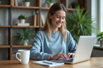 Femme souriante vérifiant son crédit sur un ordinateur portable