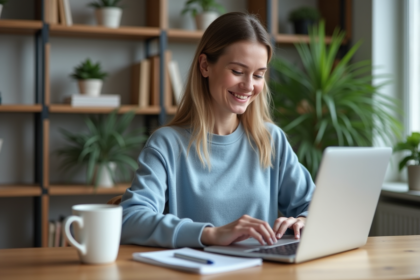 Femme souriante vérifiant son crédit sur un ordinateur portable
