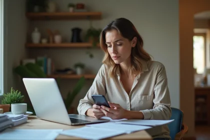 Femme assise à la cuisine avec ordinateur et documents
