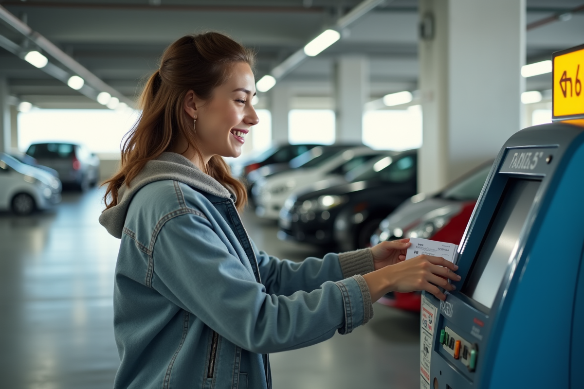 Jeune femme insérant un ticket dans une machine de parking intérieur