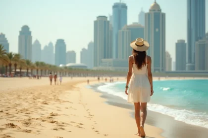 Femme détendue sur la plage de Dubai avec skyline moderne