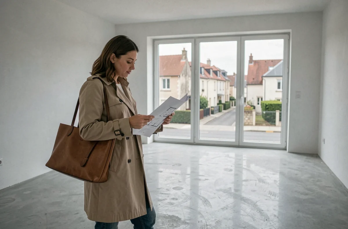 Femme consultant des plans dans un appartement neuf vide dans le cadre d'un achat immobilier en PSLA en province