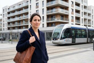 Femme professionnelle debout devant un immeuble neuf à SaintHerblain