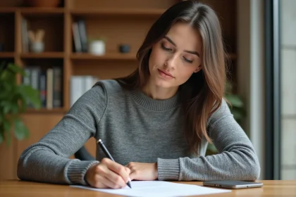 Femme rédigeant une lettre de préavis manuscrite à son bureau dans un appartement moderne