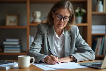 Femme qui remplit un formulaire administratif français à son bureau à domicile avec concentration