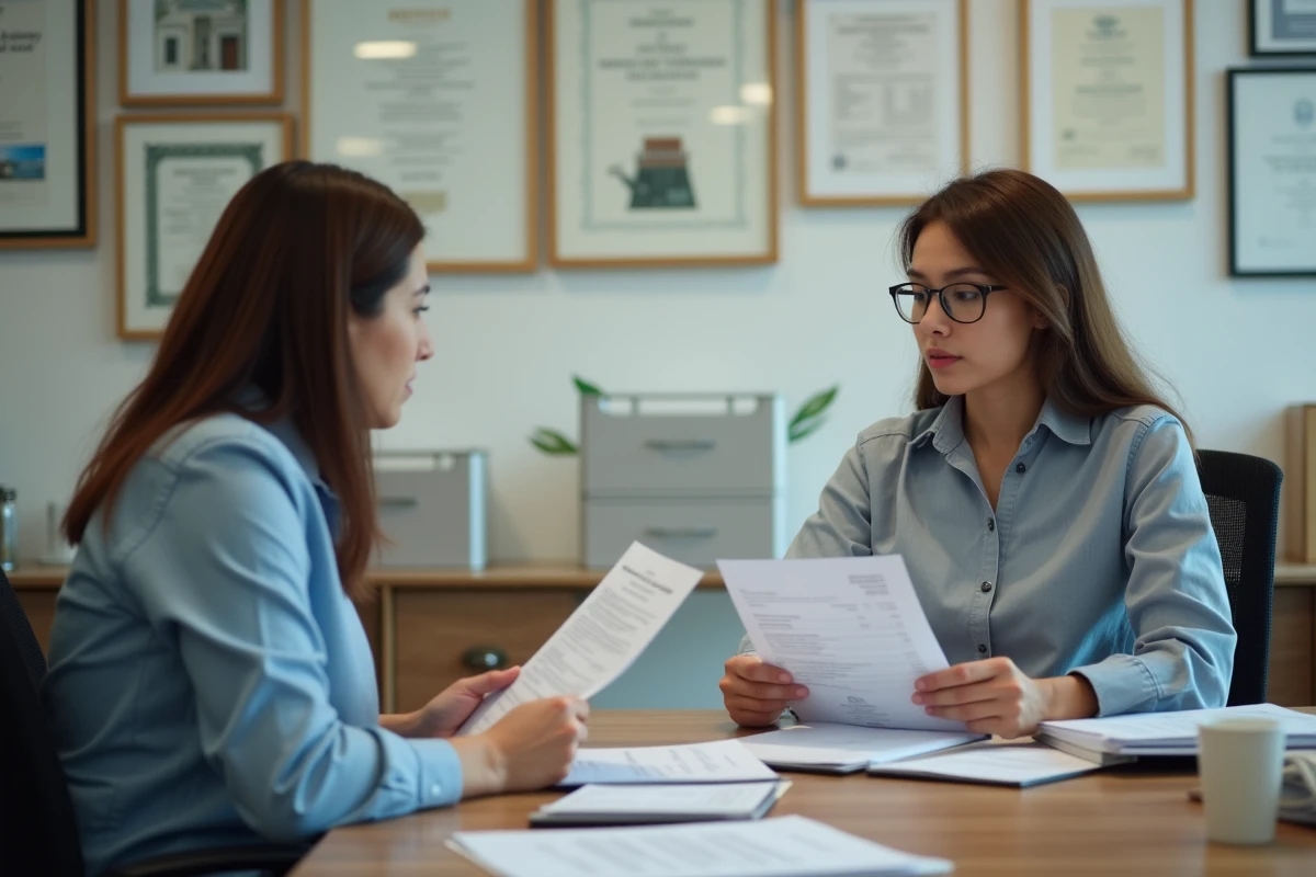 Jeune femme discute avec un propriétaire dans un bureau