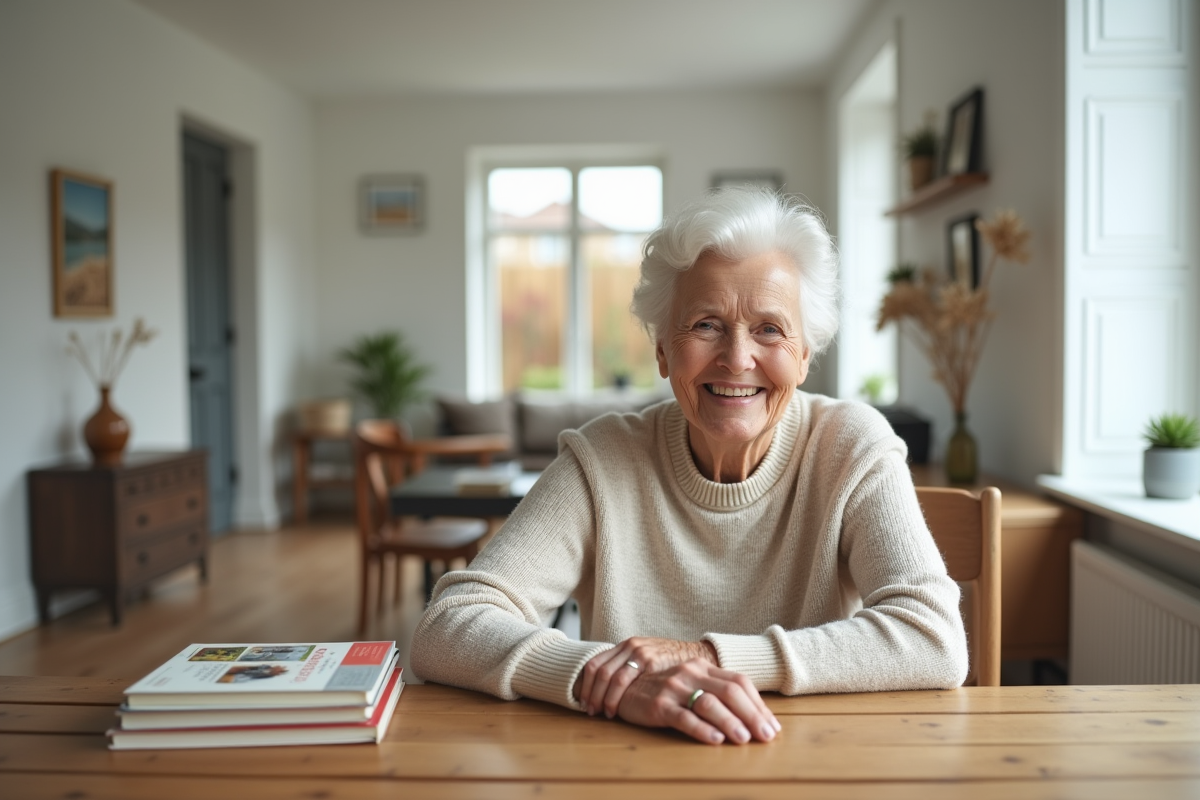 Femme âgée souriante dans un salon lumineux et moderne