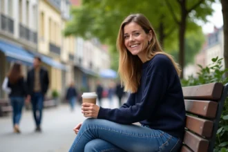 Femme souriante assise dans un square à Le Havre