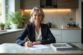 Femme signant un document dans une cuisine moderne