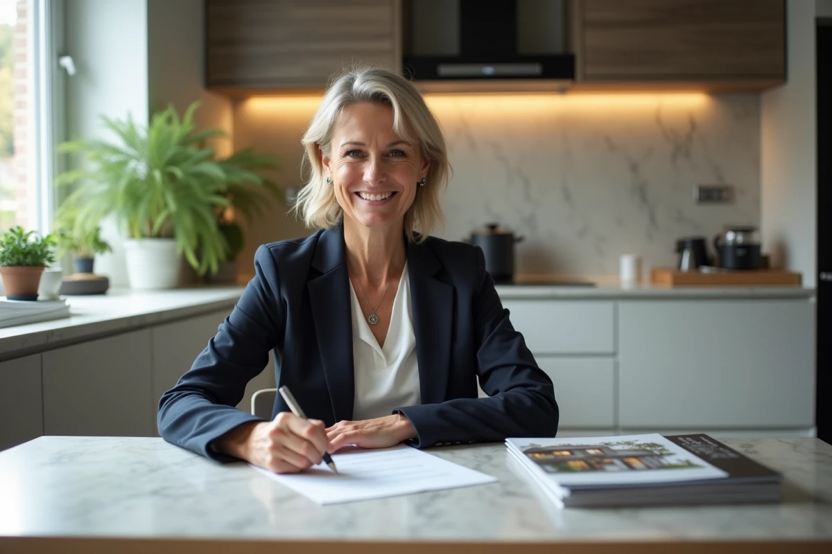 Femme signant un document dans une cuisine moderne