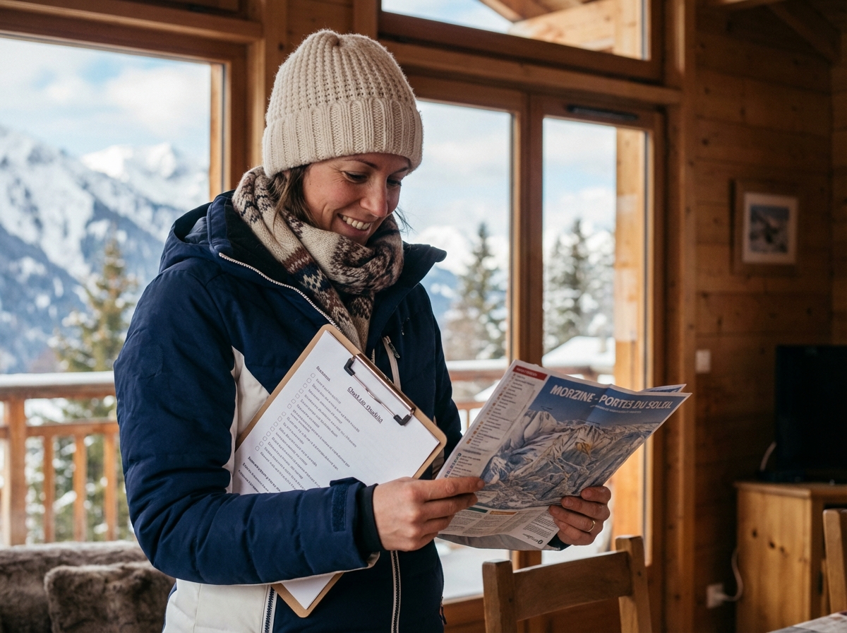 Femme souriante en ski à Morzine dans un chalet