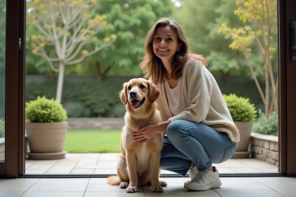 Femme souriante avec chien sur terrasse intérieure