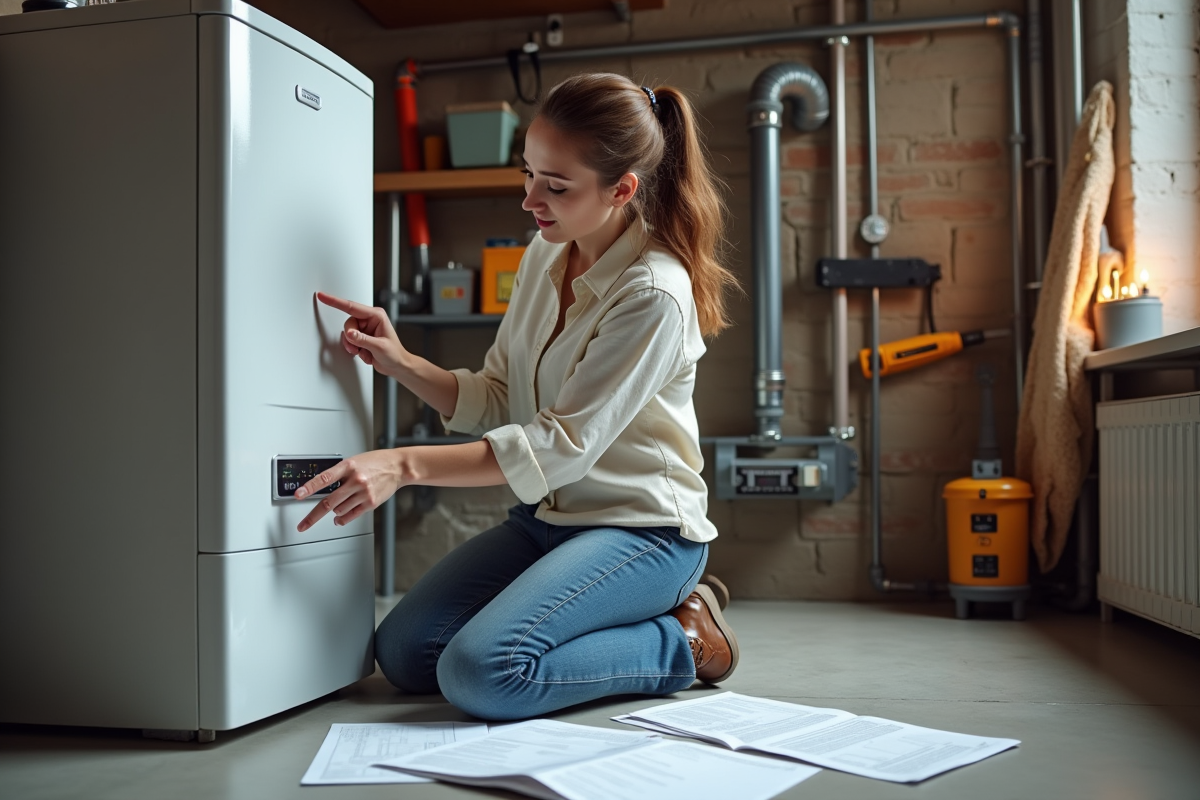 Jeune femme examinant une chaudière à condensation dans un sous-sol organisé