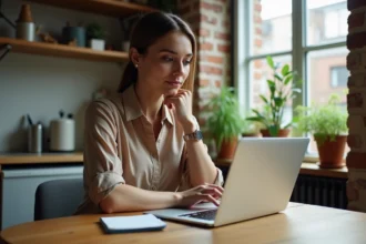Jeune femme travaillant sur son Airbnb dans un appartement moderne