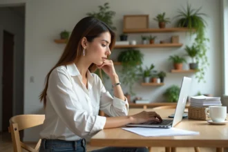 Femme concentrée travaillant sur son ordinateur à domicile