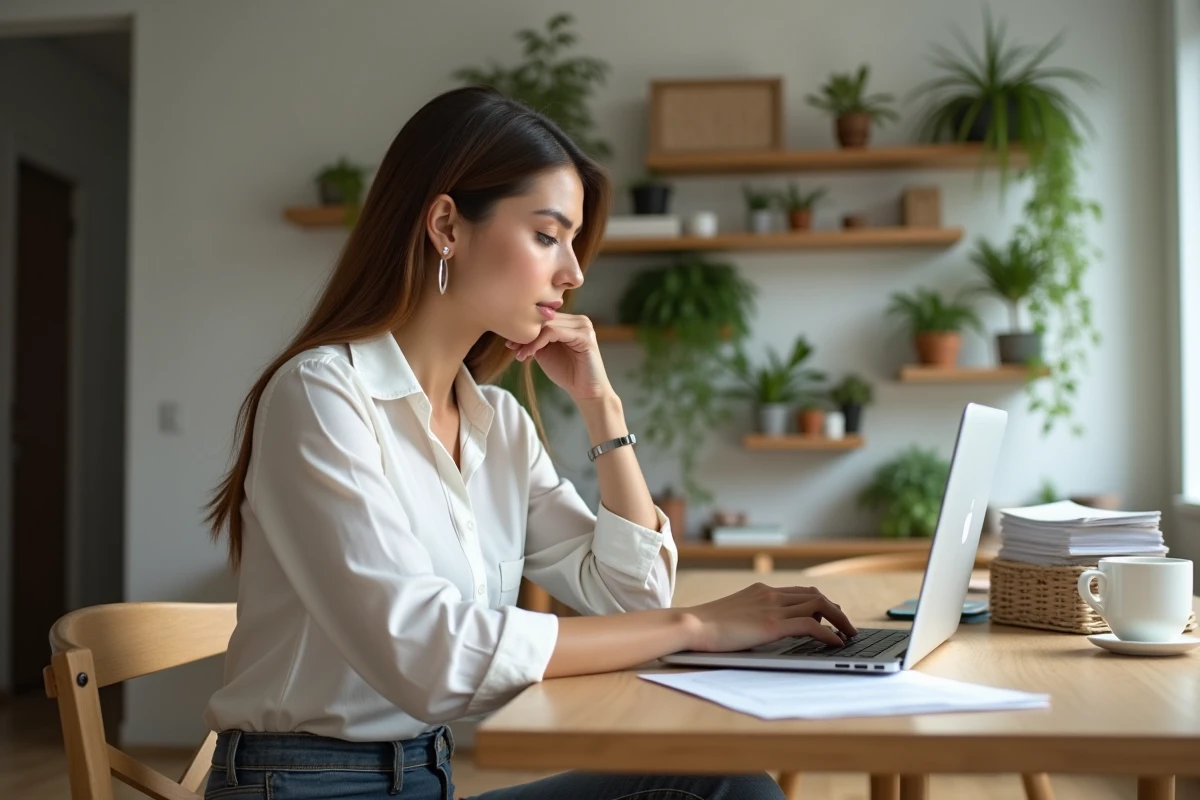 Femme concentrée travaillant sur son ordinateur à domicile