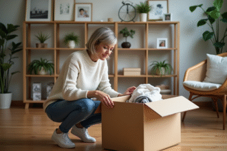 Femme d'âge moyen triant des objets dans son salon
