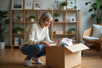 Femme d'âge moyen triant des objets dans son salon