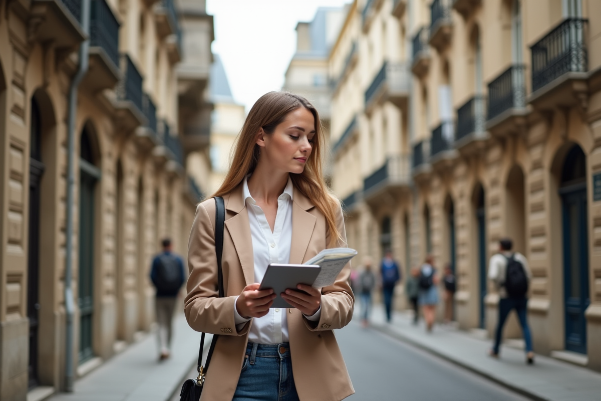 Jeune femme dans rue historique observant bâtiments parisiens