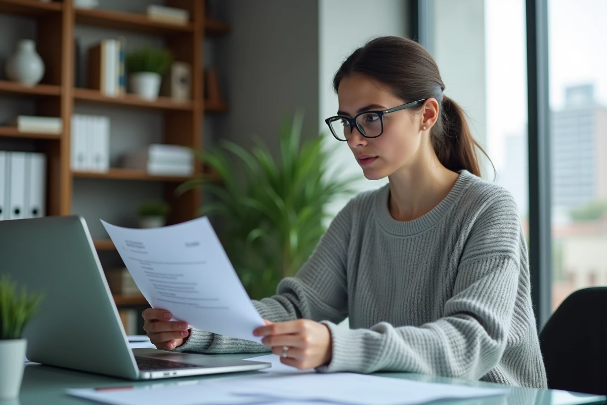 Jeune femme examinant des documents dans un bureau moderne