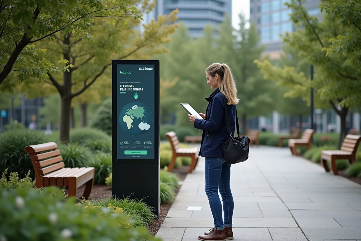 Jeune femme inspectant un panneau durable dans un parc urbain