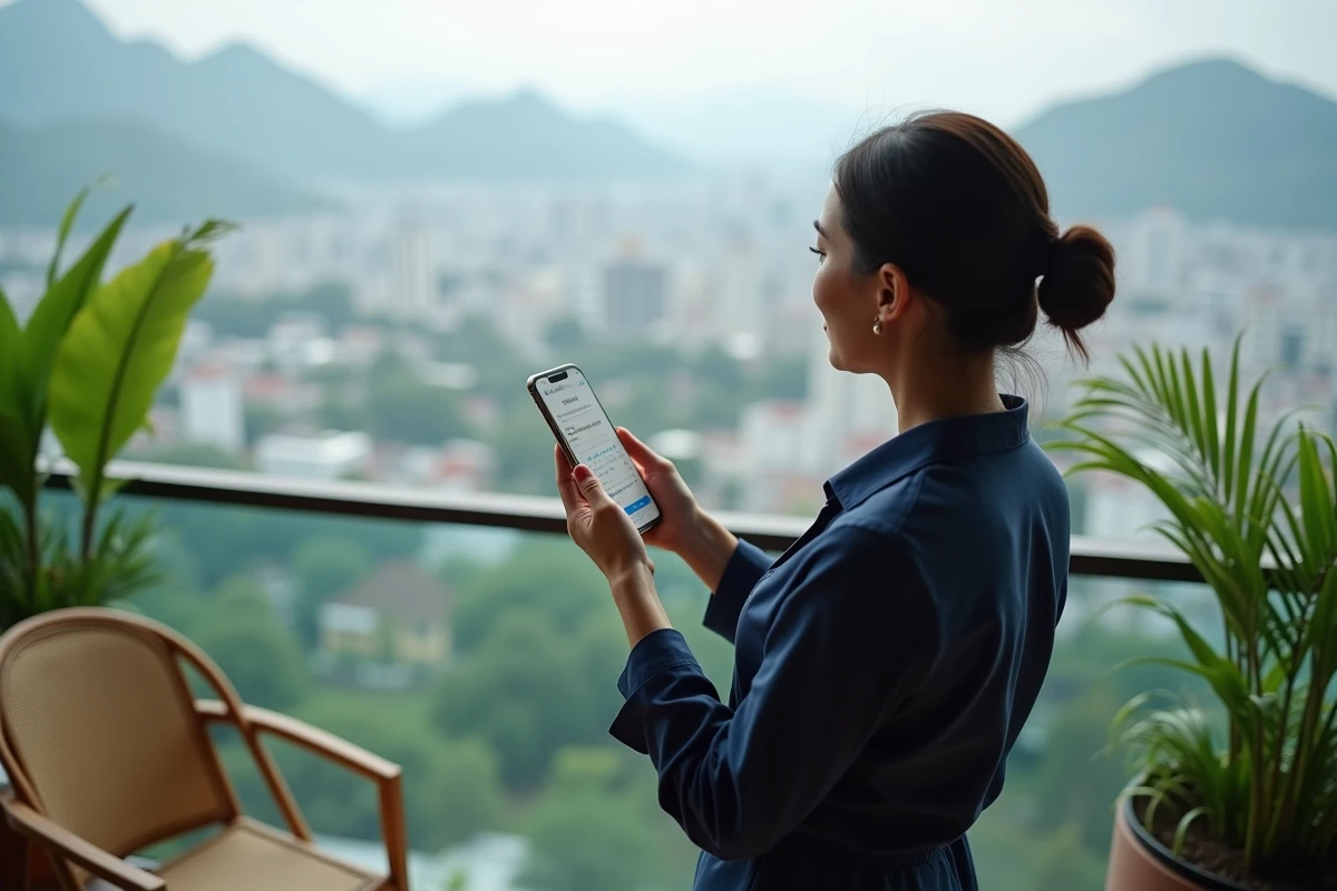 Expatriée européenne consultant une application fiscale sur son balcon de condominium à Chiang Mai en Thaïlande
