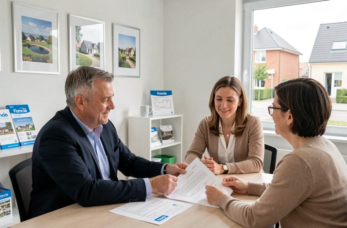 Agent Foncia Vendée en réunion avec des clients autour d'un contrat immobilier