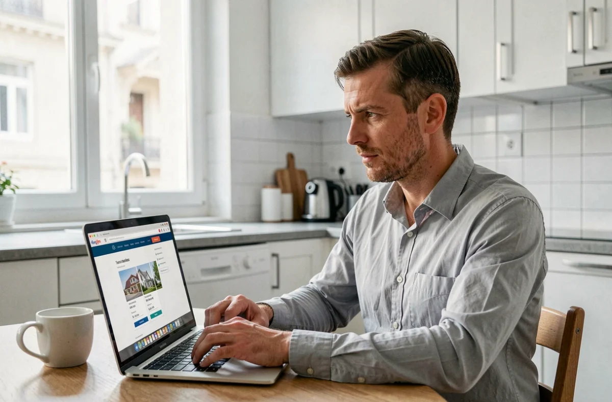 Homme fonctionnaire comparant des devis d'assurance habitation en ligne depuis son appartement