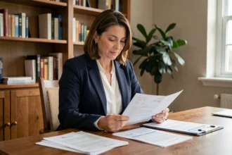 Fonctionnaire femme consultant un devis d'assurance habitation à son bureau à domicile