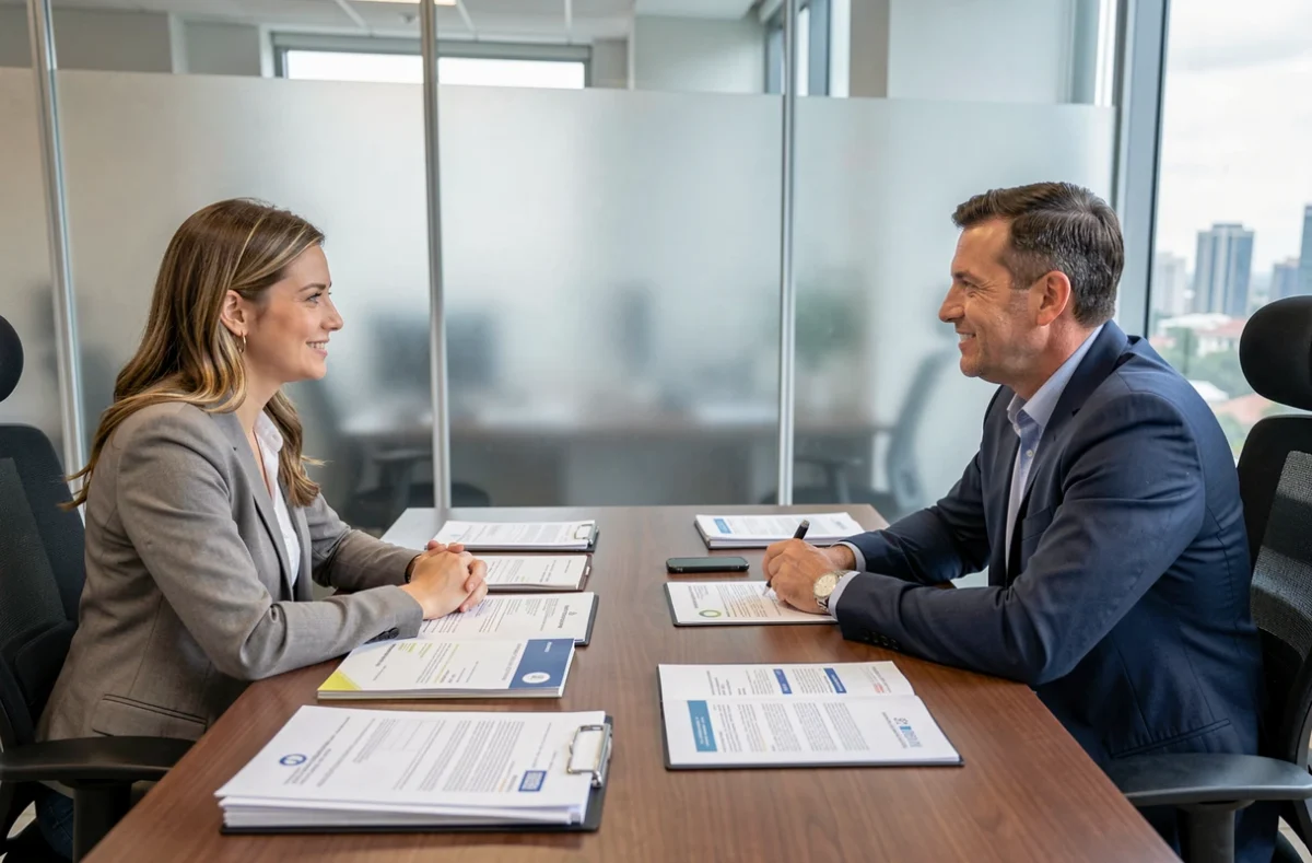 Couple de fonctionnaires rencontrant un conseiller en assurance habitation dans une agence professionnelle
