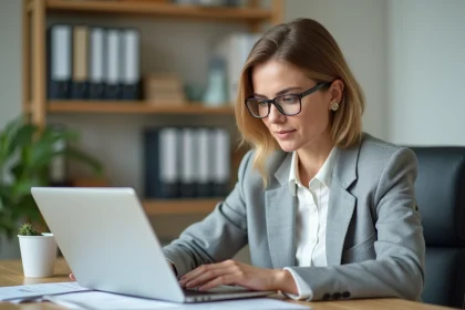 Femme professionnelle consultant son espace de gestion immobilière en ligne sur un ordinateur portable dans un bureau à domicile moderne
